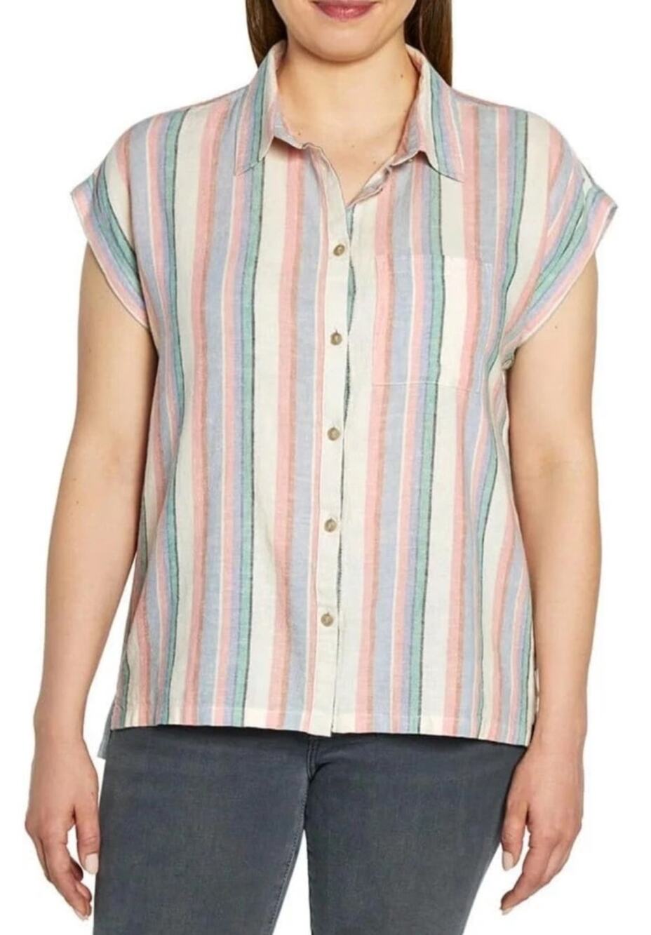 Orvis linen blend vertical stripe camp shirt M